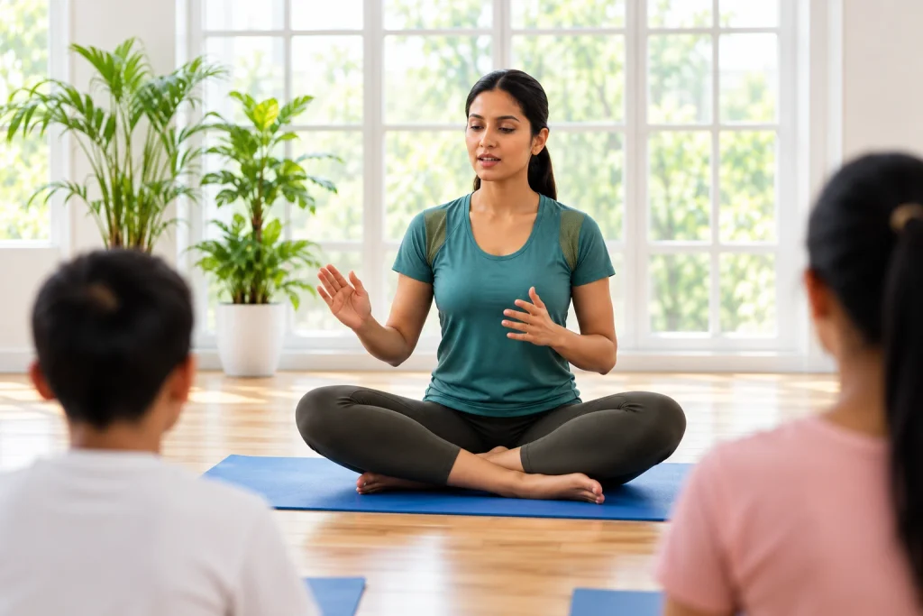 Sunlit Yoga Class with Indian Instructor